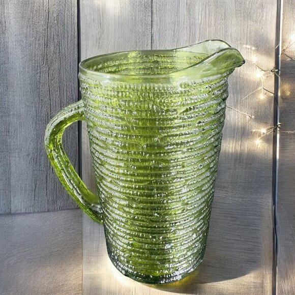 1960s Anchor Hocking Soreno Avocado Green Glass Pitcher Jug Green Textured VTG - Picture 2 of 13